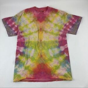 Gildan Tshirt Womens Medium Red Yellow Tie Dye Short Sleeve